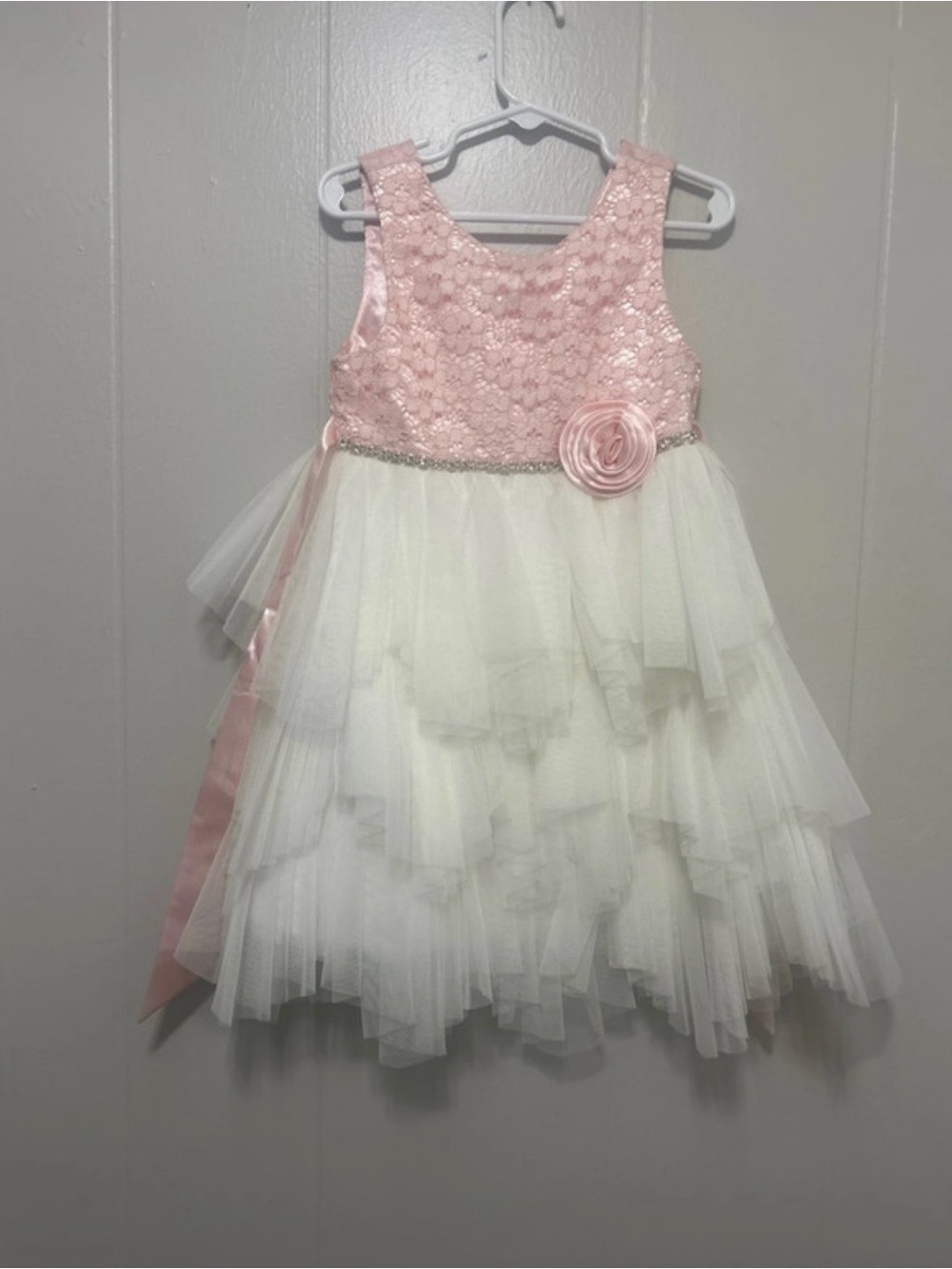 Pink and White Floral Tulle Party Dress with Rosette Waist